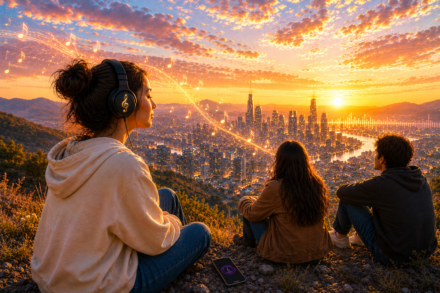 Oyente contemplando una ciudad mientras la música fluye a su alrededor.